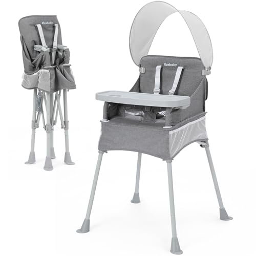 Ezebaby Baby Portable High Chair with Sun Canopy, Foldable High Chairs for Babies and Toddlers with Detachable Tray and 5-Point Harness, Travel High Chair for Indoor and Outdoor Use, Gray