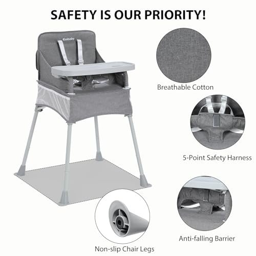 Ezebaby Baby Portable High Chair with Sun Canopy, Foldable High Chairs for Babies and Toddlers with Detachable Tray and 5-Point Harness, Travel High Chair for Indoor and Outdoor Use, Gray - Image 2
