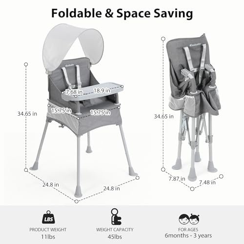 Ezebaby Baby Portable High Chair with Sun Canopy, Foldable High Chairs for Babies and Toddlers with Detachable Tray and 5-Point Harness, Travel High Chair for Indoor and Outdoor Use, Gray - Image 3
