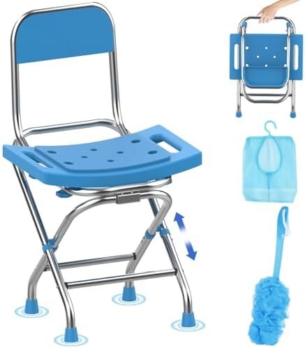 Folding Shower Chair for Inside Shower - Height Adjustable Foldable Shower Seat with Back - 420lbs Backrest Shower Stool, Collapsible Portable Travel Bath Bench for Elderly Senior Handicap & Disabled