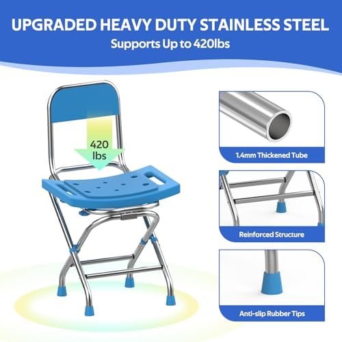 Folding Shower Chair for Inside Shower - Height Adjustable Foldable Shower Seat with Back - 420lbs Backrest Shower Stool, Collapsible Portable Travel Bath Bench for Elderly Senior Handicap & Disabled - Image 2