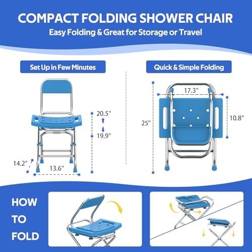 Folding Shower Chair for Inside Shower - Height Adjustable Foldable Shower Seat with Back - 420lbs Backrest Shower Stool, Collapsible Portable Travel Bath Bench for Elderly Senior Handicap & Disabled - Image 5