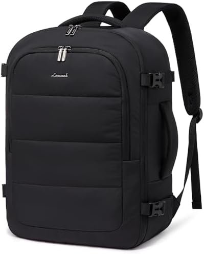 LOVEVOOK Travel Backpack for Women Men, 40L Lightweight Puffy Flight Approved Carry On Backpack Fits 17'' Laptop, TSA Personal Item Travel Bag, Waterproof Weekender Trip Work Luggage Daypack, Black