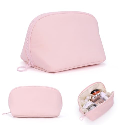 Small Makeup Bag Travel Toiletry Bag - Puffy Padded Make Up Bags for Women, Cute Cosmetic Organizer Case with Wide-Open, Quilted Pouch Purse for Essentials, Accessories, Brushes (Pink, Small)