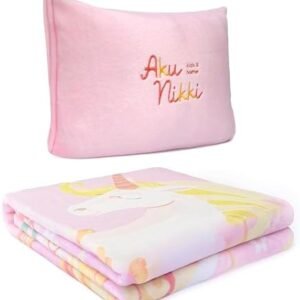 Kids Travel Pillow and Blanket 2-in-1 - Compact Throw Cushion with Unicorn Design, Soft Bag, Flight Accessories for Airplane, Car, or Camping Essentials