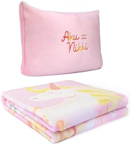 Kids Travel Pillow and Blanket 2-in-1 - Compact Throw Cushion with Unicorn Design, Soft Bag, Flight Accessories for Airplane, Car, or Camping Essentials