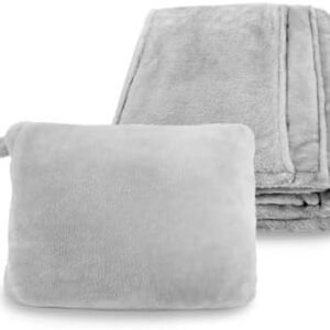 12BOTTLE 4 in 1 Travel Compact Blanket Pillow Super Soft Velvet with Luggage Sleeve and Backpack Clip, Gray, 60"W x 45"H by Cozy Throw Blanket for Home, Office, Travel by REGAL ESTATE