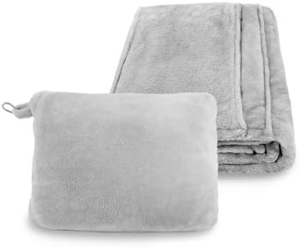 12BOTTLE 4 in 1 Travel Compact Blanket Pillow Super Soft Velvet with Luggage Sleeve and Backpack Clip, Gray, 60"W x 45"H by Cozy Throw Blanket for Home, Office, Travel by REGAL ESTATE
