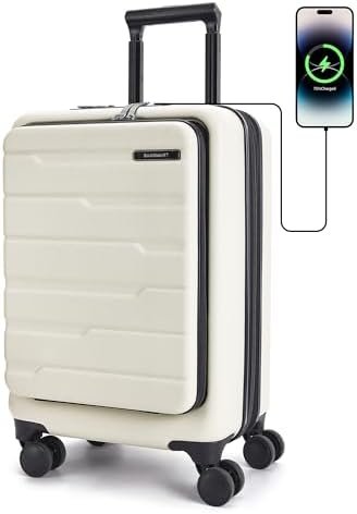 BAGSMART Expandable Carry On Luggage 22x14x9 Airline Approved, 20 Inch Suitcase with Spinner Wheels, Charging Ports, TSA Lock, Hard Shell Front Opening for Men Women Travel Business, White