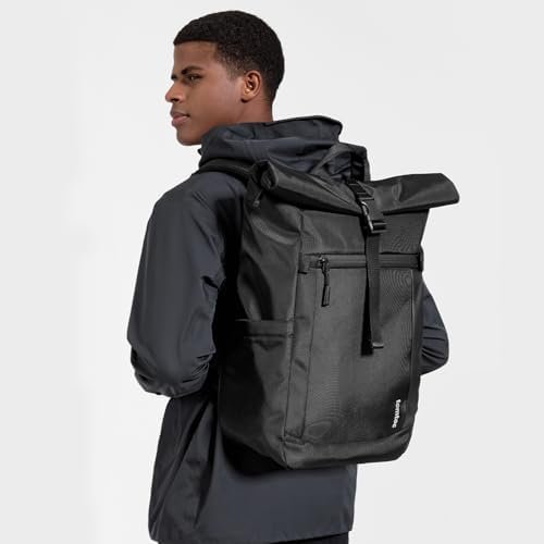 tomtoc Rolltop Laptop Backpack, Water-Resistant Travel Backpack Commute Expandable Casual Daypack for 13-17.3 inch Laptop, Rucksack for Work College Trip, Capacity Adjustable 25-30L, Black - Image 2