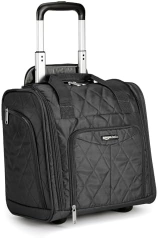 Amazon Basics Underseat Carry On Luggage with Wheels - 14" Rolling Travel Bag, Black Quilted