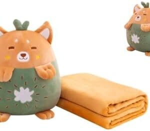 YUDONG 15" Kids Stuffed Animals Travel Blanket and Pillow Set,Cute Dog Plush Pillow with Hand Warmer Design,Perfect for Travel, Camping, Home and Office.