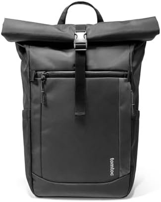 tomtoc Rolltop Laptop Backpack, Water-Resistant Travel Backpack Commute Expandable Casual Daypack for 13-17.3 inch Laptop, Rucksack for Work College Trip, Capacity Adjustable 25-30L, Black