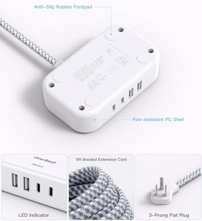 2 Pack Cruise Essentials, 5 Ft Flat Extension Cord, 3 Outlets 4 USB Ports(2 USB C) Flat Plug Power Strip, USB Charging Station with Non Surge Protector for Cruise Ship, Travel, Dorm Room Essentials - Image 4
