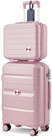 Somago 20" Carry On Luggage and 14" Mini Cosmetic Cases Travel Set Lightweight Polypropylene Suitcase with TSA Lock YKK Zipper Hardside Luggage with Spinner Wheels (2 Piece Set, Nude Pink)