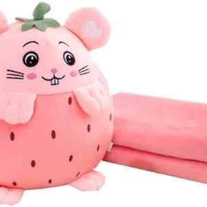 YUDONG Kids Stuffed Animal Travel Blanket and Pillow Set, Adorable 3 in 1 Multifunctional Fruit Plush Pillow with Hand Warmer Design, Perfect for Travel, Camping, Car, Home and Office (15") (Pink)