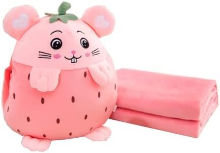 YUDONG Kids Stuffed Animal Travel Blanket and Pillow Set, Adorable 3 in 1 Multifunctional Fruit Plush Pillow with Hand Warmer Design, Perfect for Travel, Camping, Car, Home and Office (15") (Pink)