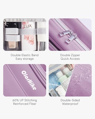OlarHike Travel Toiletry Hanging Bag Waterproof, Makeup bag, Toiletries, Jewelry, Travel Essentials 3 in 1 Packing Organizers, Medium for Women Light Purple - Image 3