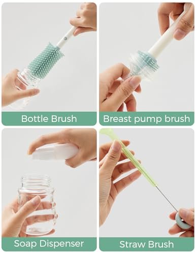 Momcozy Bottle Brush Set - Baby Bottle Cleaner Kit with Silicone Brush, Nipple Brush, Straw Brush, Soap Dispenser, Drying Rack - 7 in 1 Bottle Cleaning Tool for Home and Travel, Green - Image 2