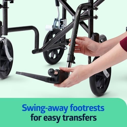 Medline Durable Folding Steel Transport Wheelchair with Swing-Away Footrests, 19-Inch Seat Width, Black Frame, Black Upholstery - Image 5