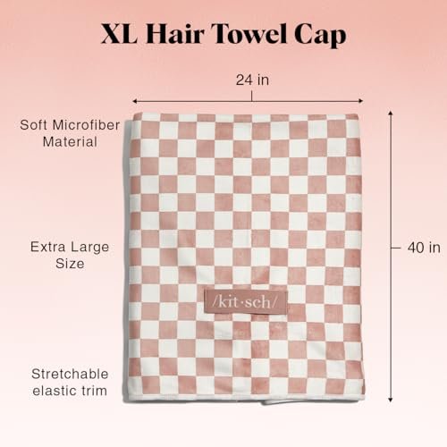 Kitsch Love & Comfort 2PC Spa Set - Satin Lined Reusable Waterproof Shower Cap and XL Quick Dry Hair Towel Wrap for Women, Microfiber Towel, Flexi Shower Cap For All Hair Types - Terracotta Checker - Image 4