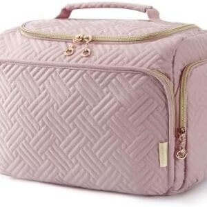 BAGSMART Travel Toiletry Bag, Large Wide-open Makeup Cosmetic Travel Bag for Toiletries with Handle, Pink-L