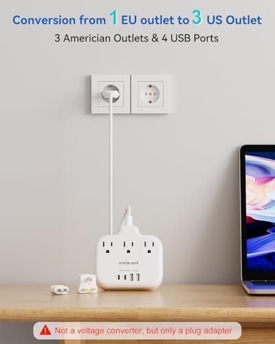 European Travel Plug Adapter, US to European Plug Adapter with 3 American Outlets & 4 USB, 3ft European Power Cord, International Travel Power Strip, Type C for Europe EU Germany France, Travel, White - Image 4