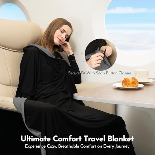 16-in-1 Compact Travel Blanket with Bag – Reversible Soft Bamboo Airplane Blanket, Shawl, or Travel Scarf with Hidden Pocket, Packable Airplane Travel Essentials (Charcoal/Black) - Image 2