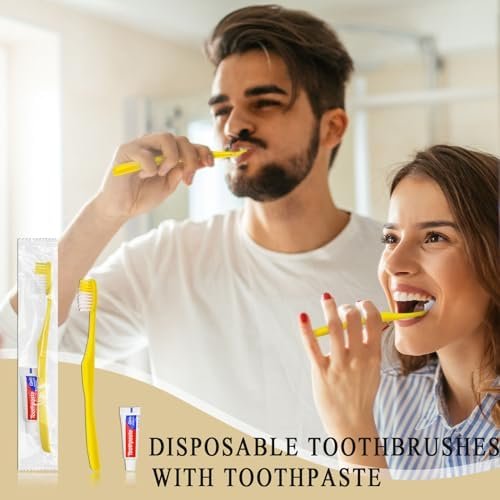 Disposable Toothbrushes With Toothpaste,200 Pack Yellow Hollow Individually Wrapped Disposable Travel Toothbrushes Kit in Bulk for Homeless,Nursing Home,Hotel,Charity - Image 2