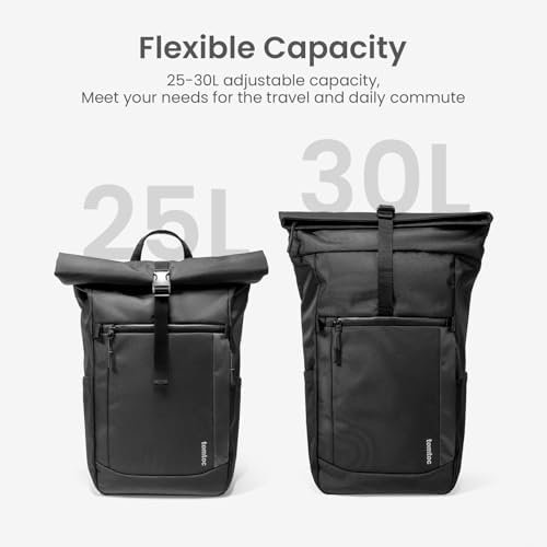 tomtoc Rolltop Laptop Backpack, Water-Resistant Travel Backpack Commute Expandable Casual Daypack for 13-17.3 inch Laptop, Rucksack for Work College Trip, Capacity Adjustable 25-30L, Black - Image 5