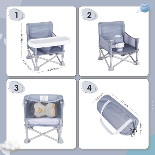 Portable Baby Booster Seat with Tray, Toddler Booster seat for Dining, Camping, Travel, Baby Beach Chair 6 Months to 3 Years Old Indoor Outdoor Use Grey - Image 2