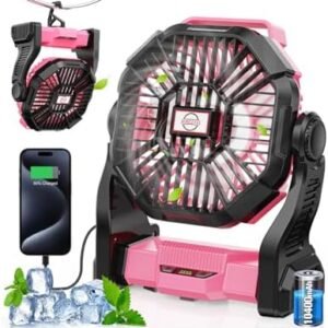 10400mAh Rechargeable Camping Fan with LED Lantern,Portable Battery Powered Outdoor Fan for Bedroom,Camping,Travel,Hiking,Beach,Office,Travel Accessories(Pink)
