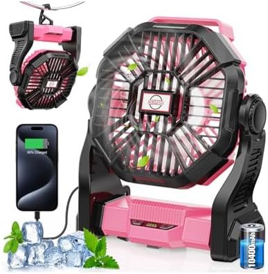 10400mAh Rechargeable Camping Fan with LED Lantern,Portable Battery Powered Outdoor Fan for Bedroom,Camping,Travel,Hiking,Beach,Office,Travel Accessories(Pink)