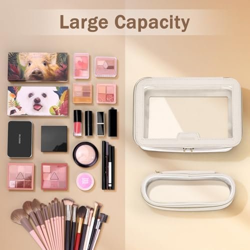 Travel Clear Makeup Bag with Makeup Brush Bag, Leather Makeup Case Toiletry Bag, Portable Cosmetic Bag Case, Transparent Waterproof Cosmetic Organizer Storage Bag for Women, Off-White - Image 8