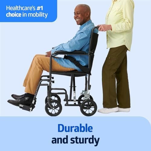 Medline Durable Folding Steel Transport Wheelchair with Swing-Away Footrests, 19-Inch Seat Width, Black Frame, Black Upholstery - Image 2