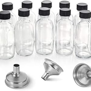 12 Pack, 2 oz Small Clear Glass Bottles w/ Lid & 3 Stainless Steel Funnels - 60ml Boston Sample Bottles - Mini Travel Essential or Decorative Bottles for Potion, Juice, Wellness, Ginger Shots, Whiskey