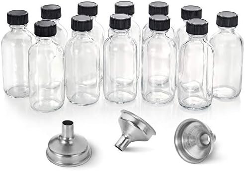 12 Pack, 2 oz Small Clear Glass Bottles w/ Lid & 3 Stainless Steel Funnels - 60ml Boston Sample Bottles - Mini Travel Essential or Decorative Bottles for Potion, Juice, Wellness, Ginger Shots, Whiskey