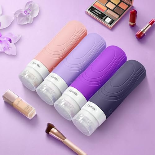 GLAMFIELDS Travel Bottles for Toiletries TSA Approved, 3oz Size Leak Proof Silicone Travel Containers for Shampoo, Lotion,Easy to Squeeze Portable, Essentials for Traveling (4 Pack) Purple - Image 6