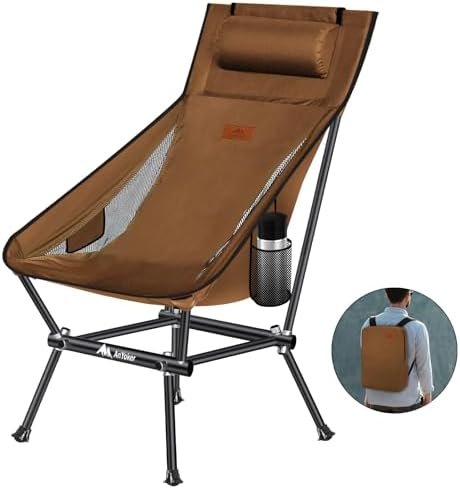 AnYoker Camping Chair, Compact Backpacking Chair, Portable Folding Chair, Beach Chair with Side Pocket and headrest, Lightweight Hiking Chair 188ZZ-SJB (Coffee)