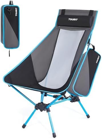 TOURIT Portable Folding Camping Backpack Chair with Head Support, High Back Stable Compact Outdoor Chair for Beach Picnic Travel Hiking, Supports 380 Lbs, Black