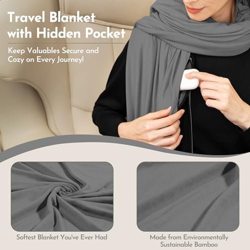 16-in-1 Compact Travel Blanket with Bag – Reversible Soft Bamboo Airplane Blanket, Shawl, or Travel Scarf with Hidden Pocket, Packable Airplane Travel Essentials (Charcoal/Black) - Image 5