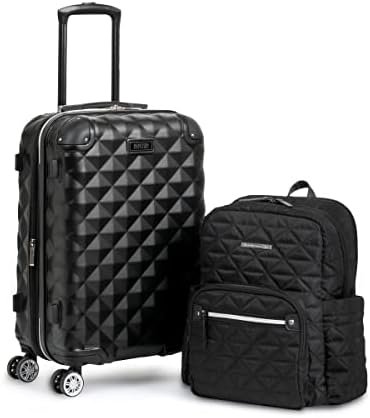 Kenneth Cole REACTION Diamond Tower Collection Lightweight Hardside Expandable 8-Wheel Spinner Travel Luggage, Black, 2-Piece Bundle (Carry On + Backpack)