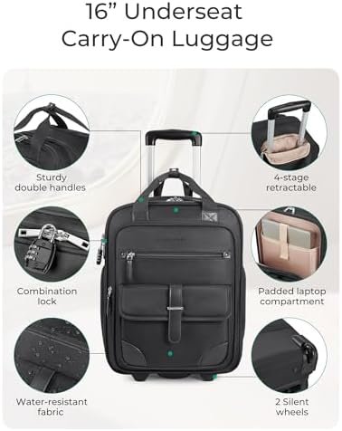 BAGSMART Carry on Luggage with Wheels, 16-inch Underseat Travel Suitcase Airline approved, Lightweight Softside Carry-on Luggage for Airplanes Women Overnight Rolling Bags for Short Trip, Black - Image 2