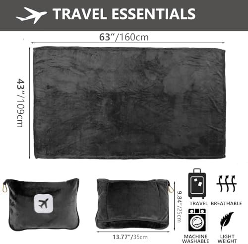 Portable Travel Blanket and Pillow - Premium Soft 2 in 1 Airplane Blanket with Compact Pack Soft Bag Pillowcase, Hand Luggage Sleeve and Backpack Clip (Gray) - Image 3