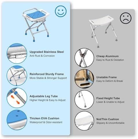 Folding Shower Chair Seat, Height Adjustable Foldable Shower Stool for Inside Tub, 420lbs Portable Small Shower Chair for Travel, Heavy Duty Bath Chair Bench for Adults Elderly & Disabled - Image 6