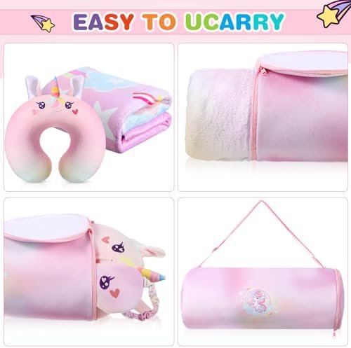 4 Pcs Unicorn Travel Pillow and Blanket Set for Kids Unicorn Airplane Blanket Memory Foam Neck Pillow Eye Mask Pink Storage Bag Kids Travel Essential Gifts for Girl Airplane Car Trip Home Use - Image 3