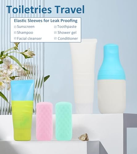 10 Pack Travel Essentials Silicone Bottle Covers, Cruise Ship Essentials, Travel Accessories Luggage for Women Men, Elastic Sleeves for Leak Proofing, Fit Most Travel Size Bottles Toiletries - Image 4