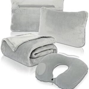 Travel Blanket and Pillow Set - Portable Inflatable Travel Neck Pillow and Premium Soft Airplane Blanket with Built-in Soft Bag, Neck Snaps, Zippered Pouch, and Hand Luggage Strap,70" x 40" (Grey)