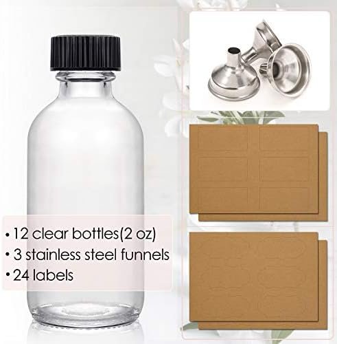12 Pack, 2 oz Small Clear Glass Bottles w/ Lid & 3 Stainless Steel Funnels - 60ml Boston Sample Bottles - Mini Travel Essential or Decorative Bottles for Potion, Juice, Wellness, Ginger Shots, Whiskey - Image 2