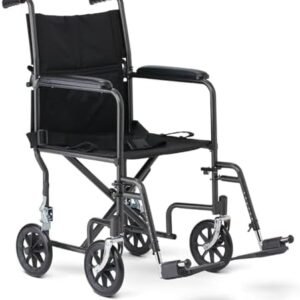 Medline Durable Folding Steel Transport Wheelchair with Swing-Away Footrests, 19-Inch Seat Width, Black Frame, Black Upholstery